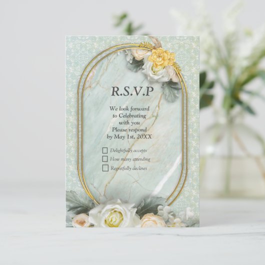 Naadloze lichtgroene, gele & witte mandala's RSVP kaartje (Staand voorkant)