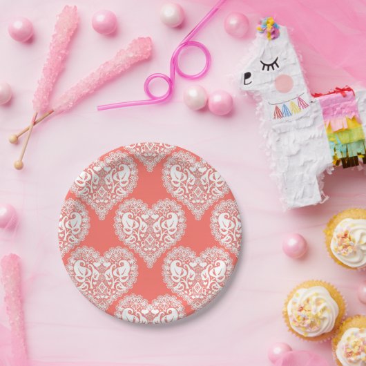 Naadloze liefde Valentijnsdag witte lacy hartslag Papieren Bordje (Feest)