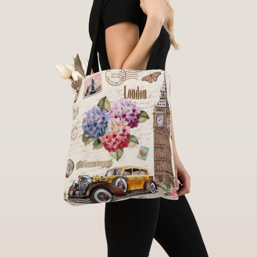Naadloze Londense achtergrond met retrocar, Tote Bag (Dichtbij)