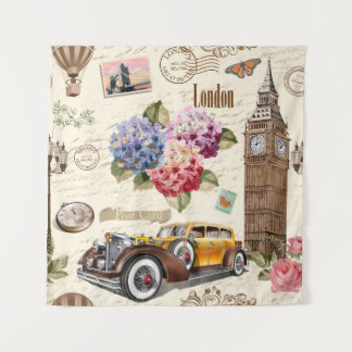 Naadloze Londense  achtergrond met retrocar, Wandkleed