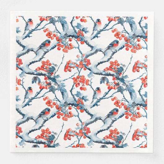 Naadloze meerval vogels, winter sneeuw takken, rij servet (Voorkant)