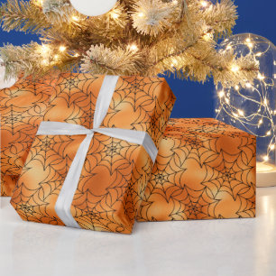Naadloze oranje folie en zwarte spinnenwebben Hall Cadeaupapier