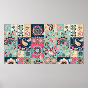 Naadloze patchwork-achtergrond met paisley en grie poster