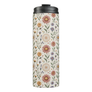 Naadloze patchwork met vintage handgetekende wilde thermosbeker