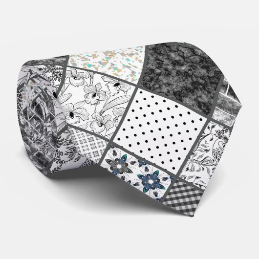 Naadloze patchwork monochroom zwart grijs witte vl stropdas (Opgerold)