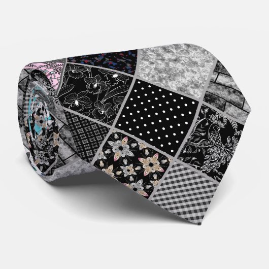 Naadloze patchwork monochroom zwart grijs witte vl stropdas (Opgerold)
