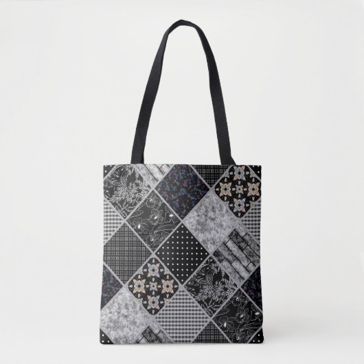 Naadloze patchwork monochroom zwart grijs witte vl tote bag (Voorkant)