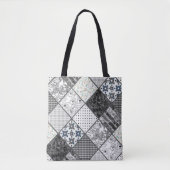 Naadloze patchwork monochroom zwart grijs witte vl tote bag (Voorkant)