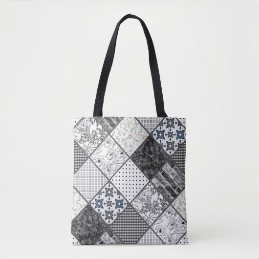 Naadloze patchwork monochroom zwart grijs witte vl tote bag (Voorkant)