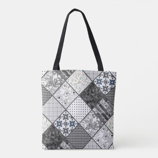 Naadloze patchwork monochroom zwart grijs witte vl tote bag (Achterkant)