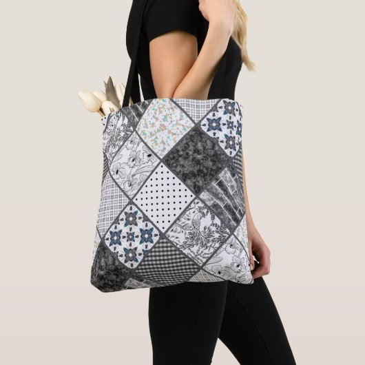 Naadloze patchwork monochroom zwart grijs witte vl tote bag (Dichtbij)