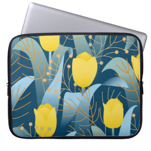 Naadloze patroon gele tulpen op donkerblauwe achte laptop sleeve