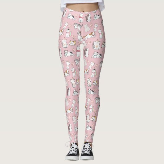 Naadloze Patroon Schattigee Cartoon Kawaii Cats Leggings (Voorkant)