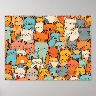 Naadloze Patroon Schattigee Kawaii Cats Poster