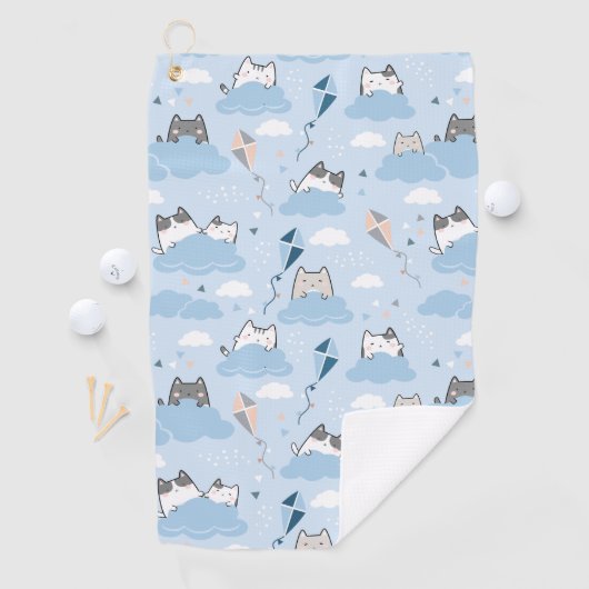 Naadloze patroonklinker Kawaii Cats clouds kite Golfhanddoek (Insitu)