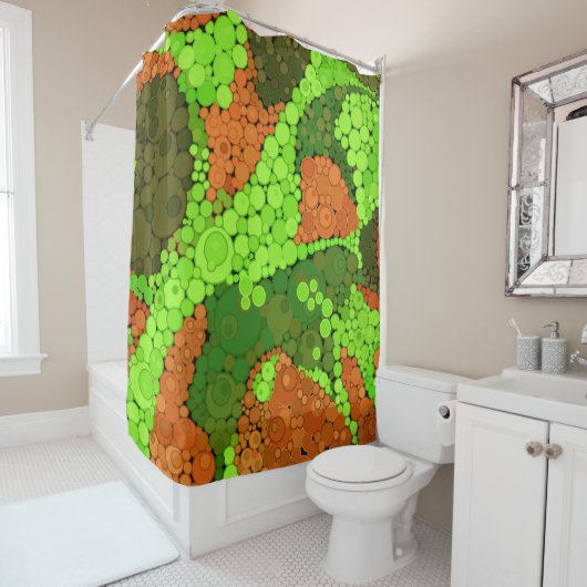 Naadloze pointillisme handbeschilderde cirkels ron douchegordijn (In situ)