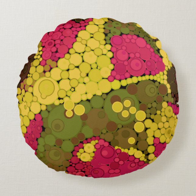 Naadloze pointillisme handbeschilderde cirkels ron rond kussen (Voorkant)