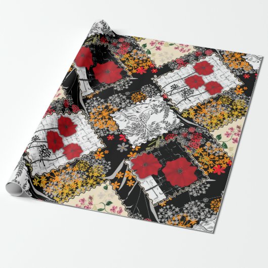 Naadloze retro patchwork-papavers cadeaupapier (Uitgerold)