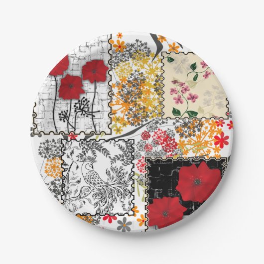 Naadloze retro patchwork-papavers papieren bordje (Voorkant)