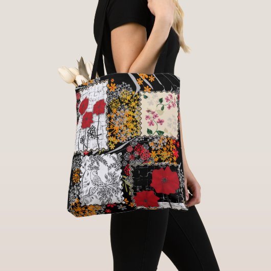 Naadloze retro  patchwork-papavers tote bag (Dichtbij)