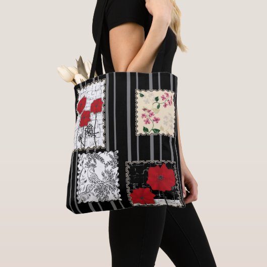 Naadloze retro  patchwork-papavers tote bag (Dichtbij)