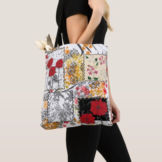Naadloze retro patchwork-papavers tote bag (Dichtbij)