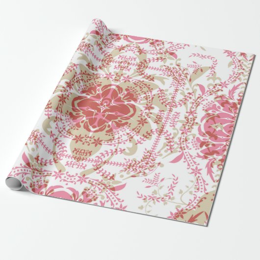 Naadloze retro romantische roze witte kant ornamen cadeaupapier (Uitgerold)