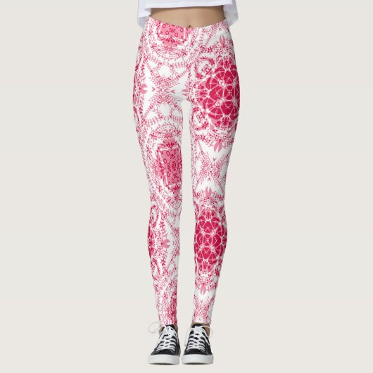 Naadloze retro romantische roze witte kant ornamen leggings (Voorkant)