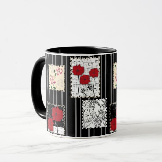 Naadloze retro vintage patchwork quiltwerk klaproz mok (Voorkant links)