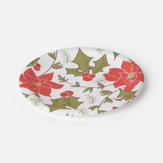 Naadloze rode kerstpunsettia groene euon papieren bordje (Gekanteld)