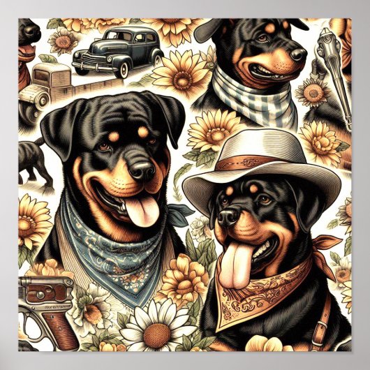  naadloze rottweiler illustratie poster (Voorkant)