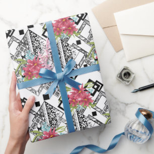 Naadloze roze bloemen bloemen ornamentaal zwart wi cadeaupapier