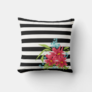 Naadloze roze bloemen bloemmotief zwart wit gestre kussen