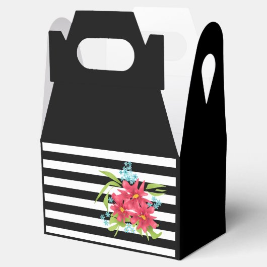 Naadloze roze bloemen floraal zwart wit gestreept  bedankdoosjes (Geopend)