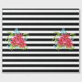 Naadloze roze bloemen floraal zwart wit gestreept cadeaupapier (Vlak)