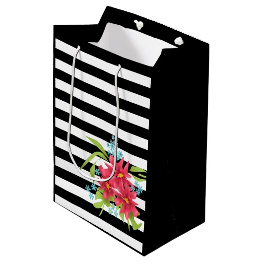 Naadloze roze bloemen floraal zwart wit gestreept medium cadeauzakje (Voorkant Gekanteld)
