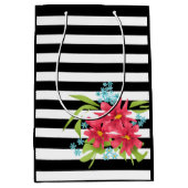 Naadloze roze bloemen floraal zwart wit gestreept medium cadeauzakje (Voorkant)