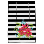 Naadloze roze bloemen floraal zwart wit gestreept medium cadeauzakje (Achterkant)