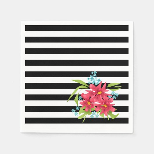 Naadloze roze bloemen floraal zwart wit gestreept  servet (Voorkant)