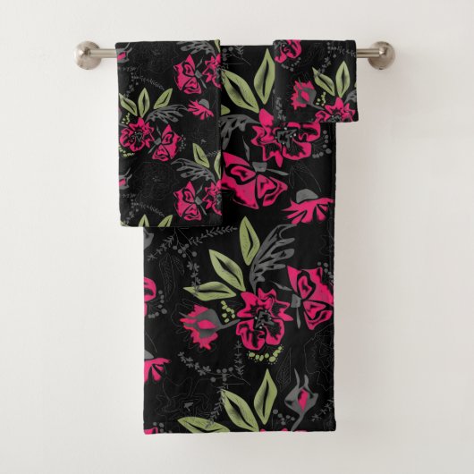 Naadloze roze bloemen groene bladeren met een sche bad handdoek (Insitu)