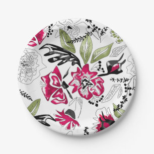 Naadloze roze bloemen groene bladeren met een sche papieren bordje