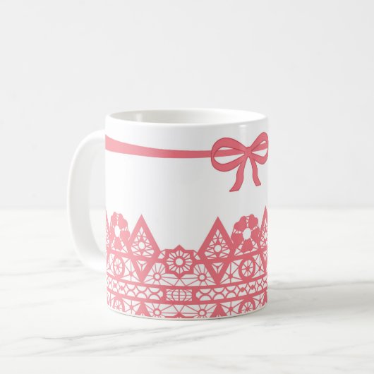 Naadloze roze gelaatsruimte romantisch boeg wit pa koffiemok (Voorkant links)