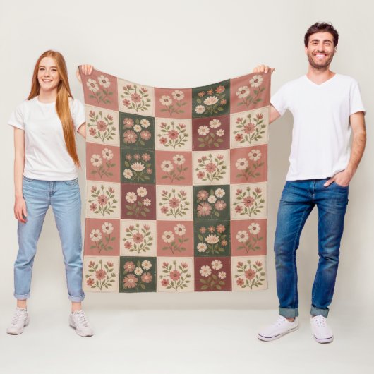 Naadloze Rustieke Bloemige Patchwork Fleece Deken (In situ)