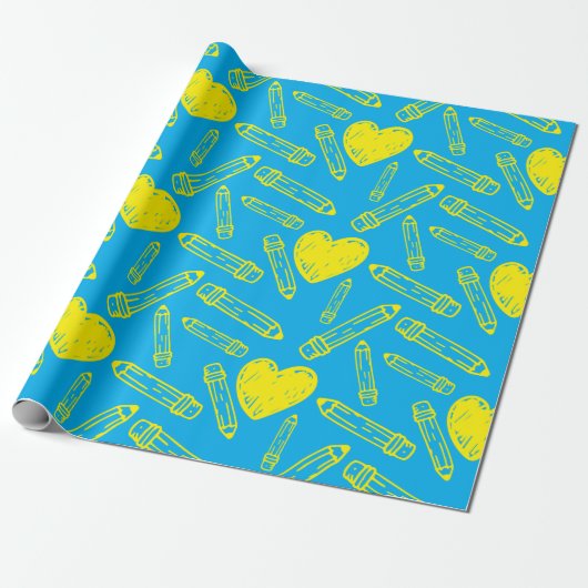 Naadloze School Heart Pencil Wrapping Paper Liefde Cadeaupapier (Uitgerold)