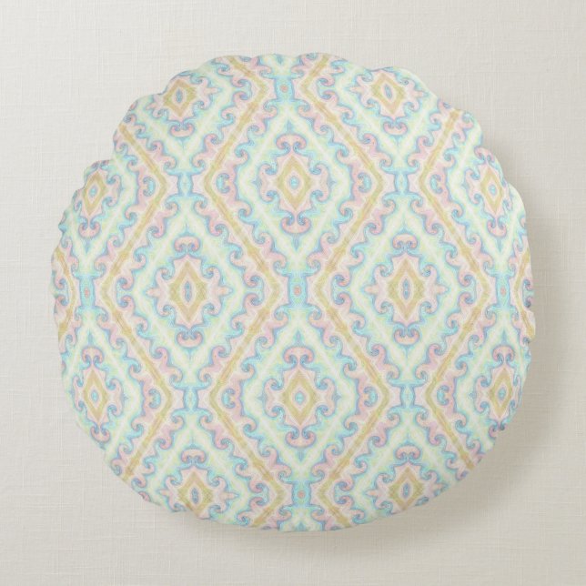 Naadloze sierpastelgroene blauwe beige decor rond kussen (Voorkant)