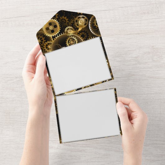 Naadloze Steampunk Brass Gears All In One Uitnodiging (Afscheurbaar)