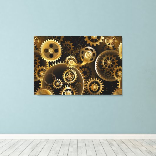 Naadloze Steampunk Brass Gears Canvas Afdruk (Insitu (Houten vloer))