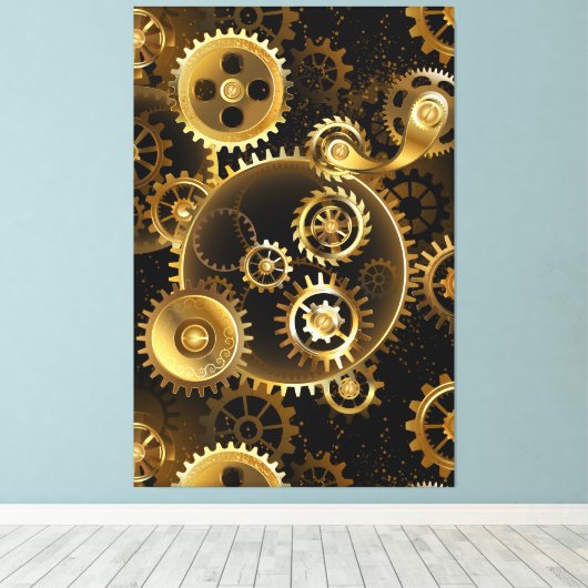 Naadloze Steampunk Brass Gears Canvas Afdruk (Insitu (Houten vloer))