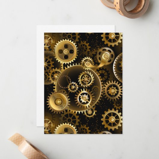 Naadloze Steampunk Brass Gears Notitiekaartje (Voorkant / Achterkant in situ)