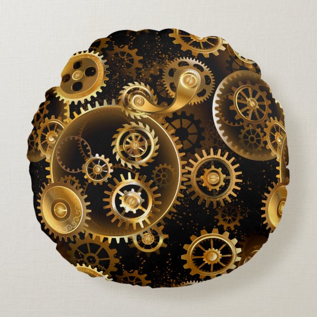 Naadloze Steampunk Brass Gears Rond Kussen (Voorkant)